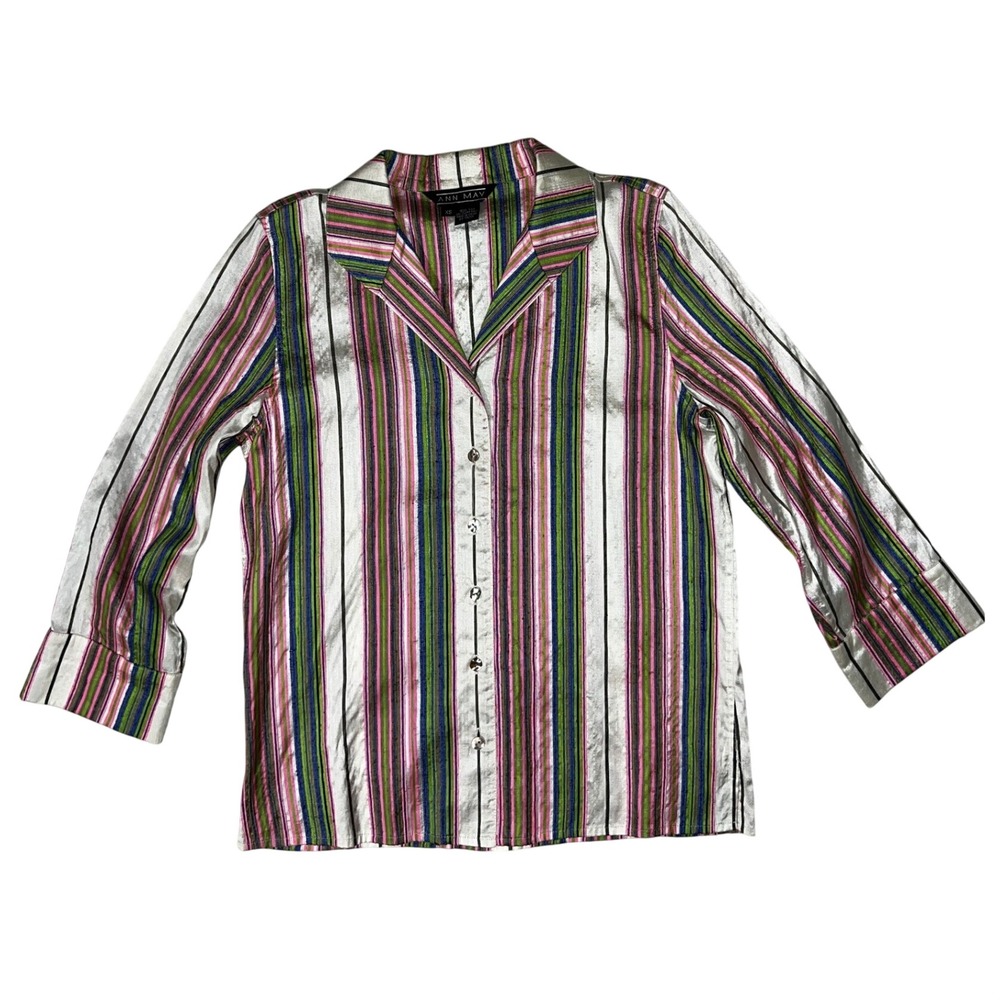 ANN MAY Silk Striped Collared Button Up Shirt‎ Blouse Top Women's XS